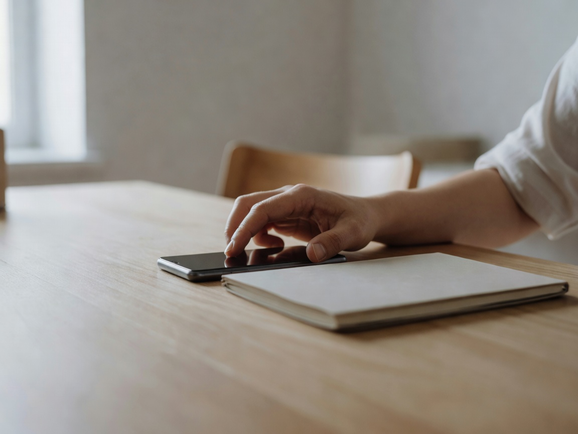 Adult setting a phone face down beside a notebook on a home table in ordinary daylight